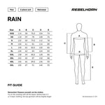 Storlekstabell för Rebelhorn Regnställ 2-delat Rain Svart/Flu med mått i centimeter för att säkerställa korrekt passform.