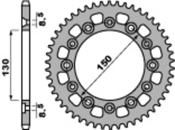 PBR Standard C45 Steel Rear Sprocket 4308 - 520 4308 44 C45 med 44 tänder och 150 mm innerdiameter, reservdel för motorcykelchassi.