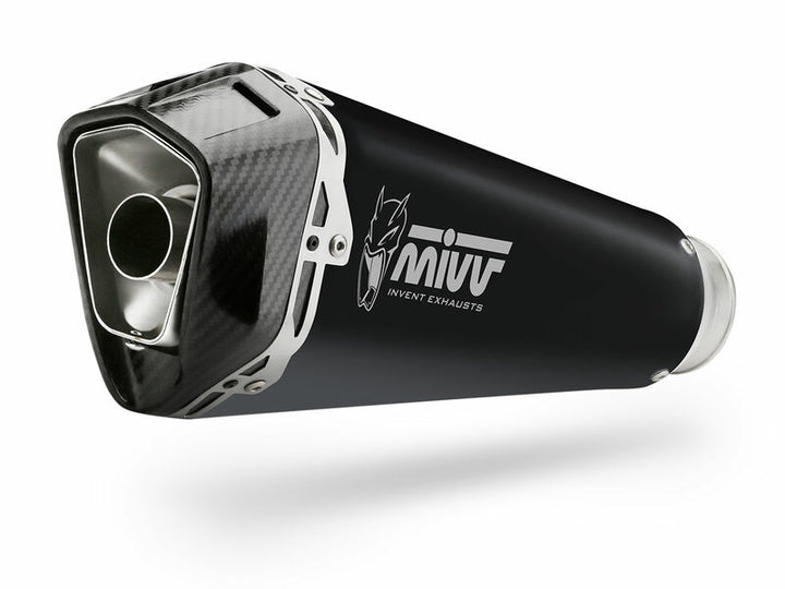 Närbild av MIVV Delta Race Muffler Steel Black/Carbon End Cap H.066.LDRB, högkvalitativt avgassystem för Honda X-ADV 750 i reservdelskategori.