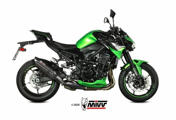 MIVV Silencer Suono Steel Black/Carbon End Cap monterad på Kawasaki Z900 K.052.L9, sportig design för förbättrad prestanda och ljud.
