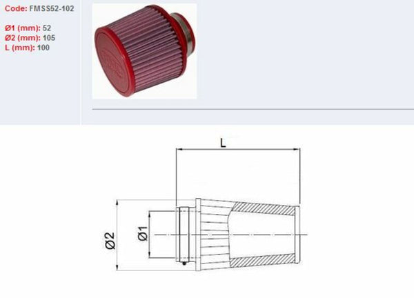 BMC AIR FILTER TAPERED Ø52MM-SS52-102 FMS52-102