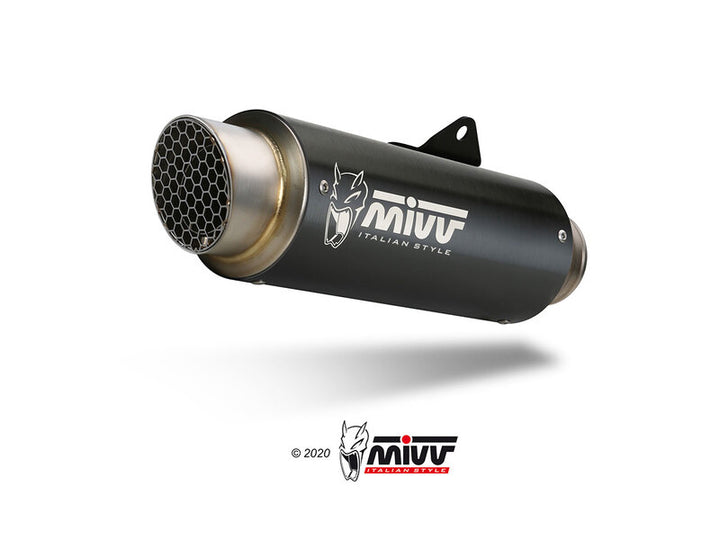 MIVV GP PRO Full Exhaust System - Honda CB125R H.077.LXBP i svart finish med bikakemönstrat utblås, perfekt för sportig prestanda och stil.