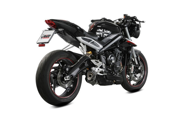 Triumph Street Triple RS utrustad med MIVV Delta Race Silencer Steel Black/Carbon T.019.LDRB. Sportigt avgassystem för förbättrad prestanda och stil.