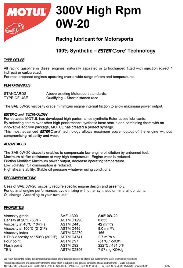 Motul 300V Alto RPM 0W20 2L (10 PC/cartón)