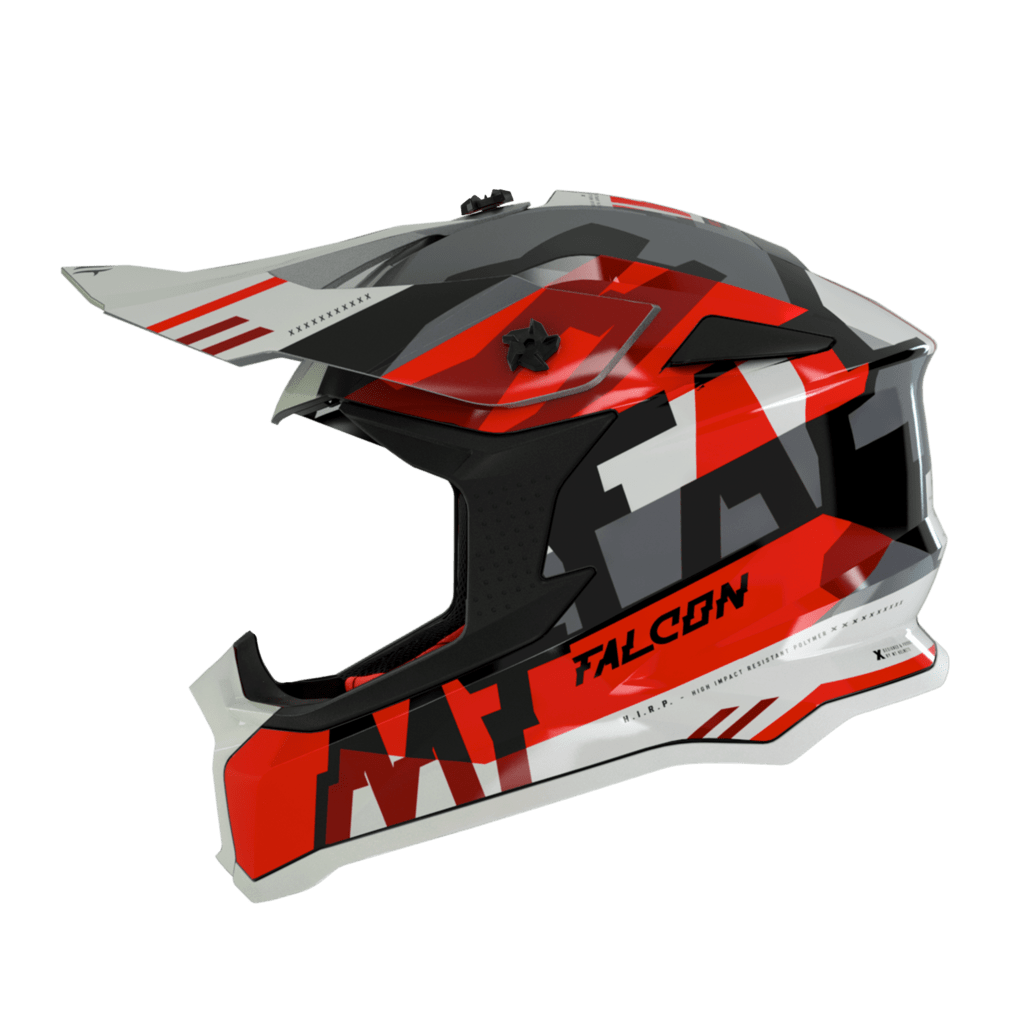 MT Helmets Cross Mc-Hjälm Ayra Falcon Pearl Röd med modern design i rött, svart och vitt, perfekt för motocross och säkerhet.