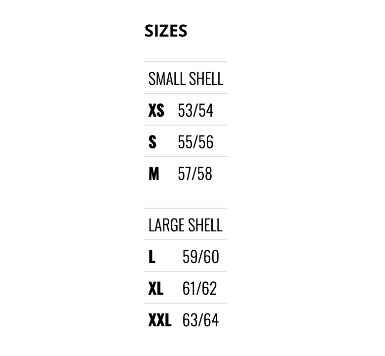 Storlekstabell för Caberg Integral Mc-Hjälm Avalon Vit, tillgänglig i XS till XXL för optimal passform och komfort.