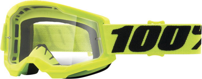 100% Goggles Strata 2 Fluo/Yellow med klar lins, designade för motocross och motorcykelåkning. Ergonomisk passform och slitstark konstruktion.