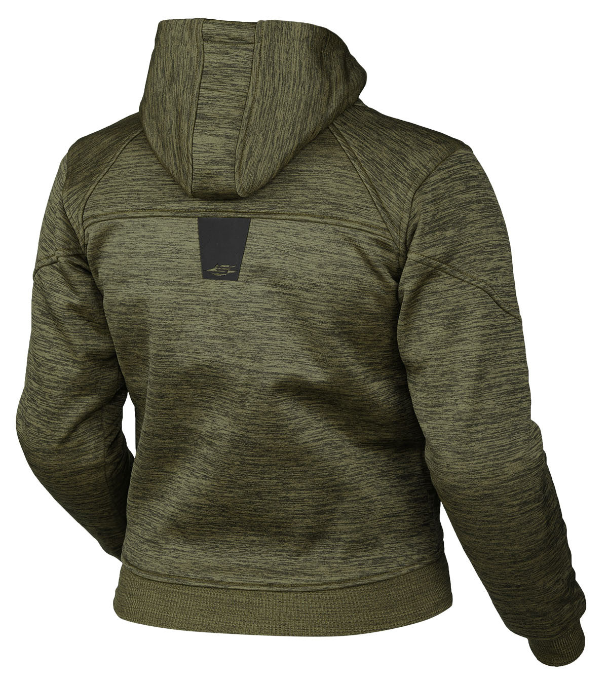 Baksidan av Sweep Dam Kevlar Mc-Hoodie Olive med huva och diskret logotypdetalj. Designad för säkerhet och stil vid motorcykelkörning.