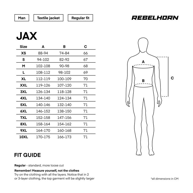 Storleksguide för Rebelhorn Jax Mc-jacka med mått för XS till 10XL. Hjälper till att välja rätt passform för optimal komfort.