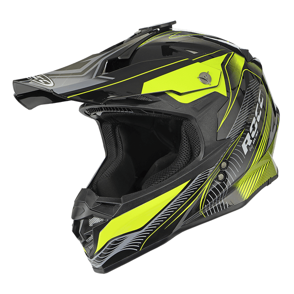 Rocc Cross MC-hjälm 713 i svart och fluorgul design med justerbar skärm och actionkamerafäste. Perfekt för säker motorcykelkörning.