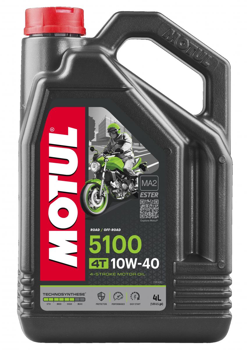 Motul Motorolja 5100 4T 10w-40 4L för motorcyklar, med grön etikett och bild av motorcykel. Passar för väg- och offroadbruk.