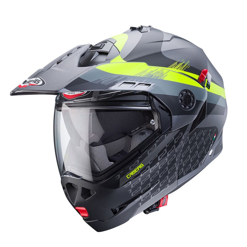 Caberg Adventure Mc-Hjälm Tourmax X Grå/Flu med modern design, integrerat visir och ventilationssystem. Perfekt för motorcykelentusiaster.