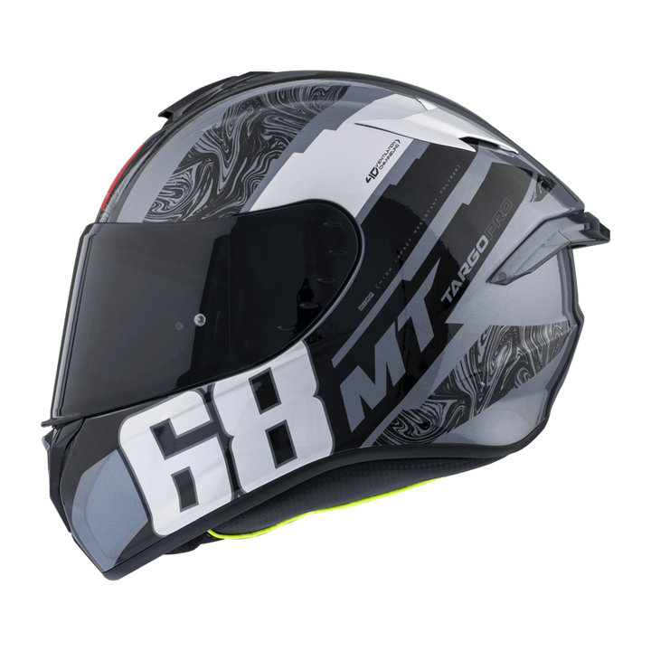 Sidovy av MT Helmets Integral Mc-Hjälm Targo Pro Welcome Grå med aerodynamisk form, grafiska detaljer och högkvalitativt visir. Idealisk för säker körning.