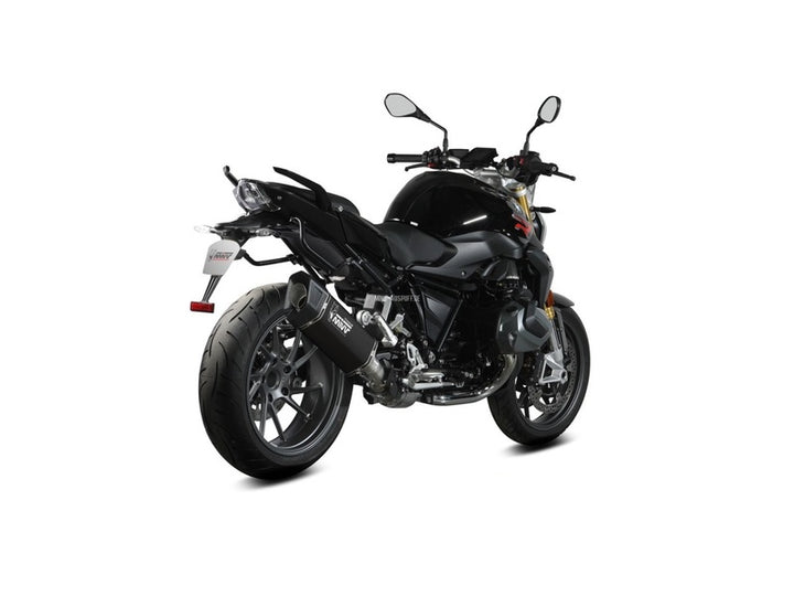 Bak- och sidovy av motorcykel med MIVV SR-1 Silencer B.040.LR1TB installerad, visar stilren design och funktion inom avgassystem.