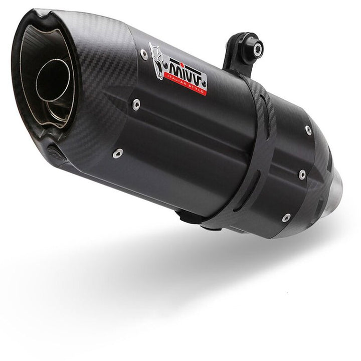 Närbild på MIVV Suono Silencer MM.001.L9 i svart kolfiberdesign, ett högpresterande avgassystem för fordonstillbehör och reservdelar.