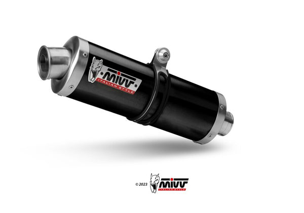MIVV Slip-On Exhaust Oval Y.064.LZ i svart finish med rostfria detaljer, perfekt för motorcykeltrimning inom reservdelar och tillbehör.