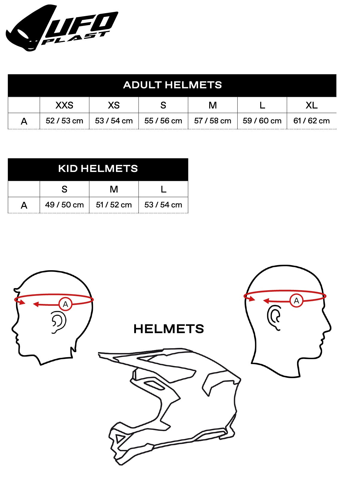 Storlekstabell för UFO Jet Mc-Hjälm Sheratan Flu, med mått för vuxna och barn samt illustration av hjälmmätning.