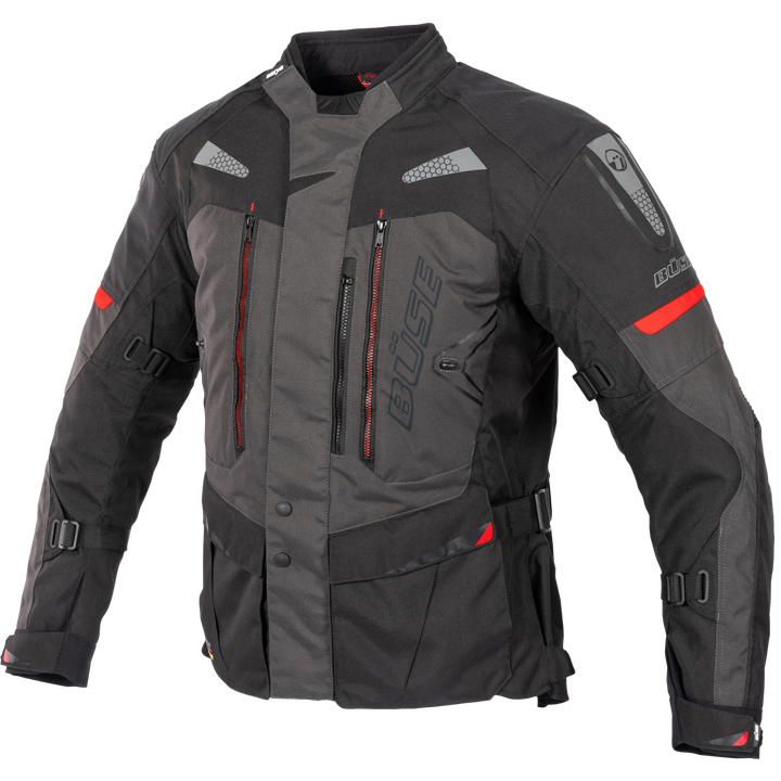 Buse Dam Textil Mc-Jacka Monterey Grå i mörkgrå och svart design med röda detaljer, justerbara remmar och praktiska fickor.