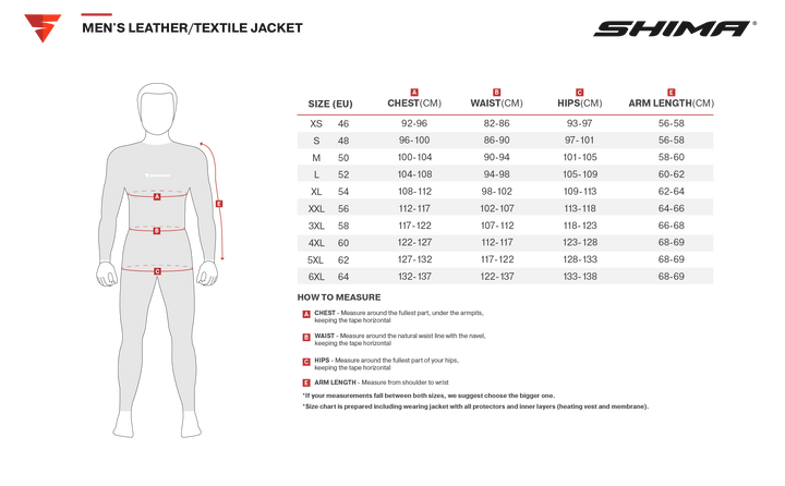 Storlekstabell för Shima Kevlar Mc-Hoodie Daybreaker Flu med mått för bröst, midja, höfter och ärmlängd. Guide för att välja rätt storlek från XS till 6XL.