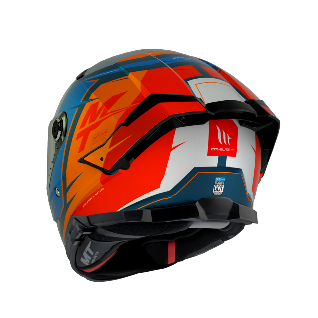 Baksidan av MT Helmets Integral Mc-Hjälm Thunder 4 SV Pental Pearl Orange med modern grafik och DOT-certifiering.