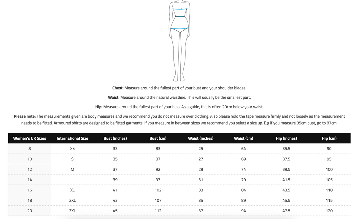 Storlekstabell för Knox Dam Skyddströja Urban Pro MK3 Svart med mått för bröst, midja och höft. Hjälper till att välja rätt storlek.