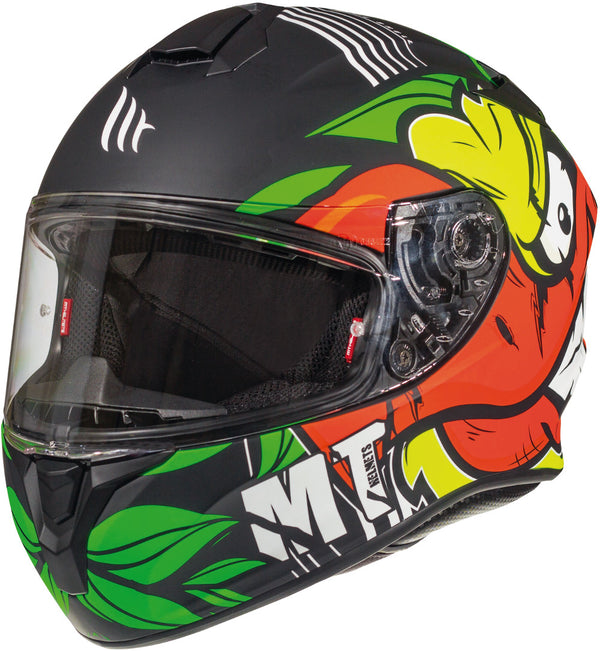 MT Helmets Integral Mc-Hjälm Targo Truck Matt med färgglad grafik, visir och ventilationssystem. Passar för motorcykelförare i stadsmiljö.