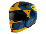 MT Helmets öppen MC-hjälm Streetfighter SV S Totem C3 i blått och gult med modern design och integrerat visir, storlek XS-XXL.