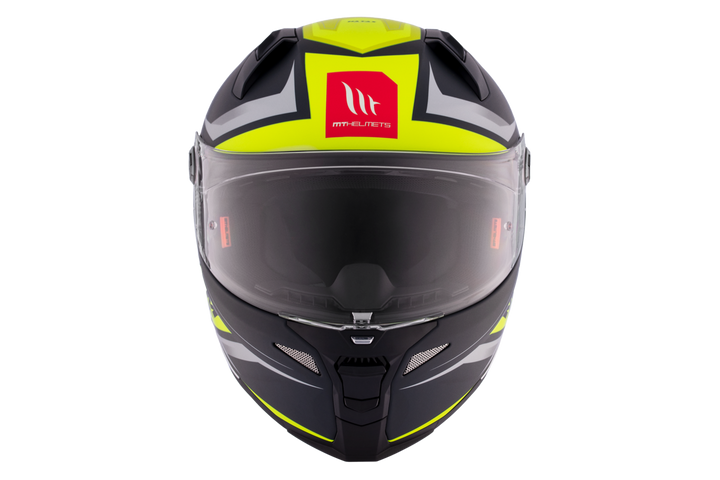 Frontalvy av MT Helmets Integral Mc-Hjälm Revenge 2 Hatax C3, med tydligt visir och neongula detaljer för hög synlighet.