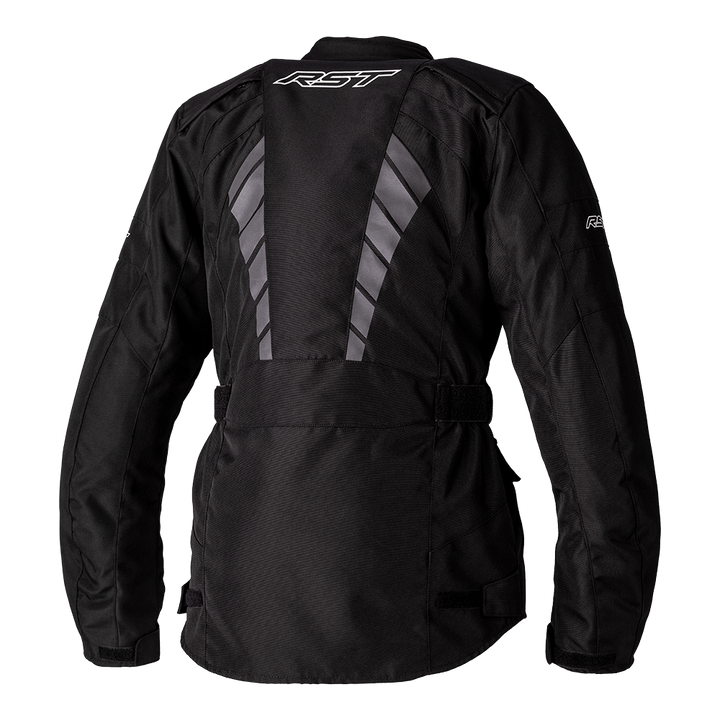 Baksida av RST Dam Textil Mc-Jacka Alpha 5 Svart med reflexpaneler och RST-logotyp. Designad för säkerhet och komfort vid motorcykelkörning.