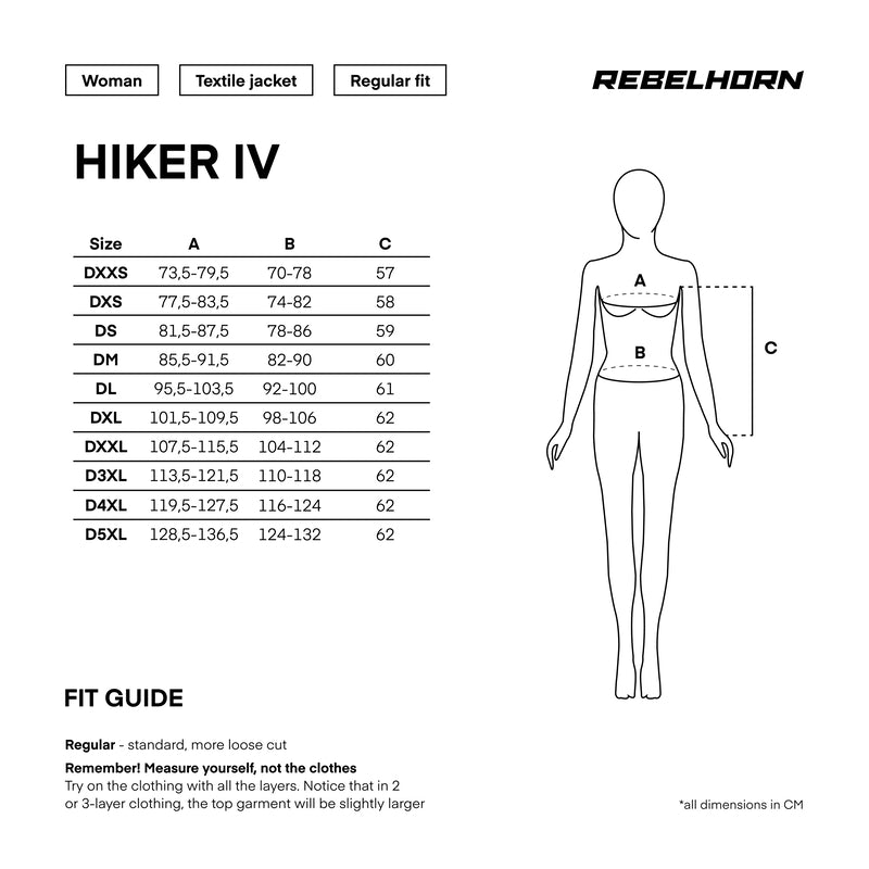 Storleksguide för Rebelhorn Dam Textil Mc-Jacka Hiker IV Svart med mått i centimeter och passformstips.