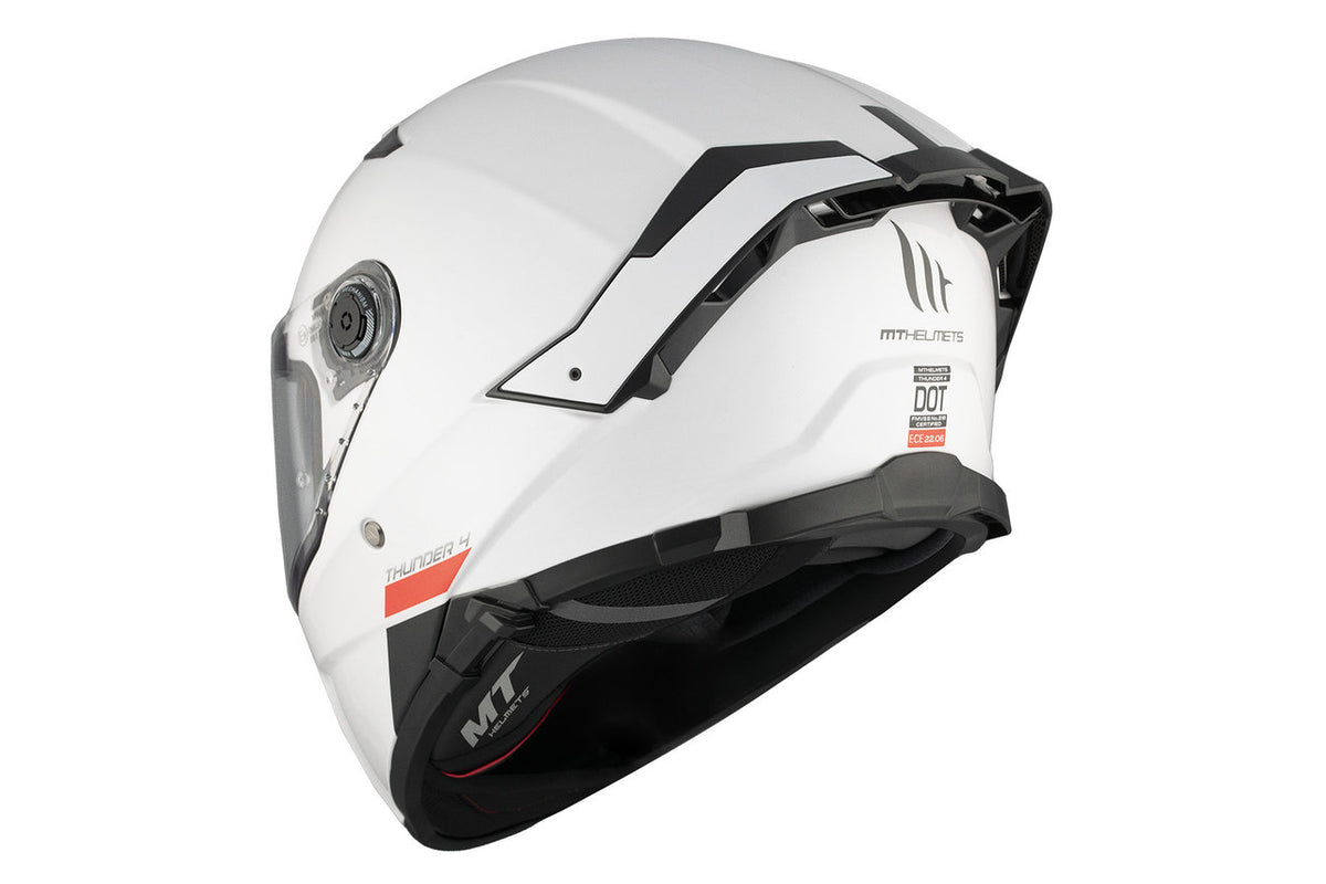 MT Helmets Integral Mc-Hjälm Thunder 4 SV Vit sedd bakifrån med detaljerad design och DOT-certifiering för säkerhet.