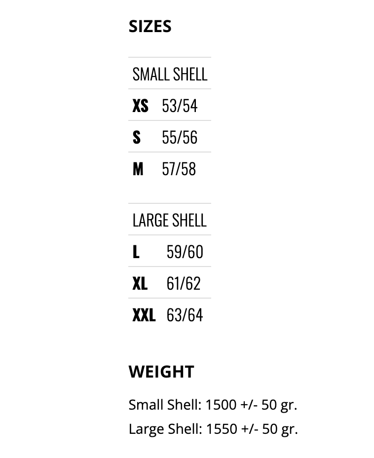 Storlekstabell för Caberg Integral Mc-Hjälm Avalon X Matt Svart, tillgänglig i XS till XXL med vikt från 1500 till 1550 gram.