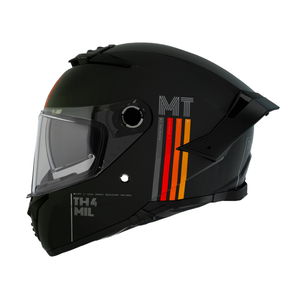 MT Helmets Integralhjälm Thunder 4 SV Mil Matt Svart med sidovy som visar ventilationssystem och ränder i orange och gult. Passar för motorcyklister i olika storlekar.