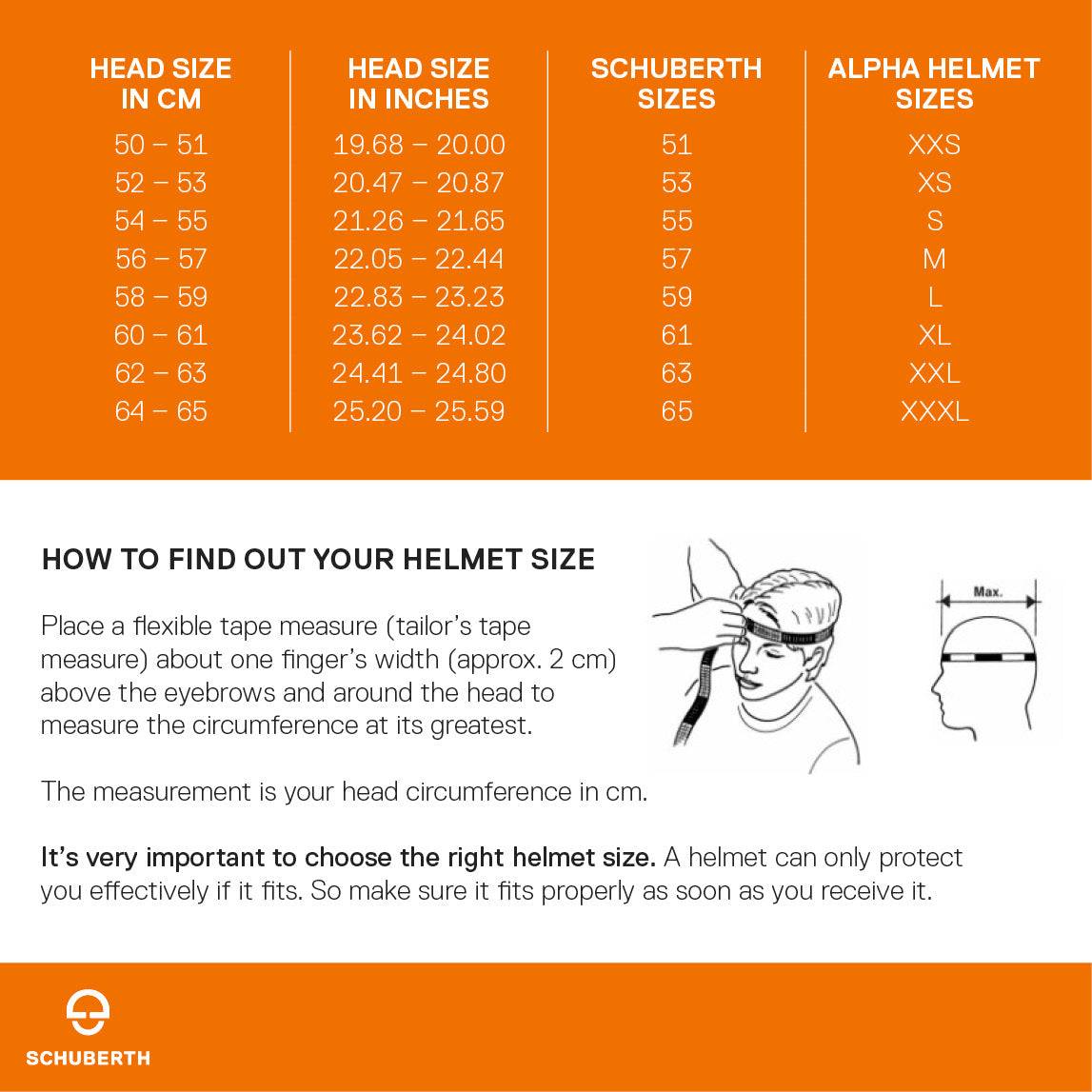 Storleksguide för Schuberth C5 mc-hjälm med mått i cm och tum samt hjälmstorlekar från XXS till XXXL. Hitta rätt passform enkelt.