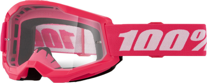 100% Goggles Strata 2 Pink - Klar med rosa ram och klar lins, designad för motocross och motorcykelsäkerhet. Justerbart band med 100%-logotyp.