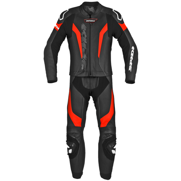 Spidi Mc-Skinnställ 2-delat Laser Touring Svart/Röd framifrån, med aerodynamisk design och skyddande material för motorcykelåkning.