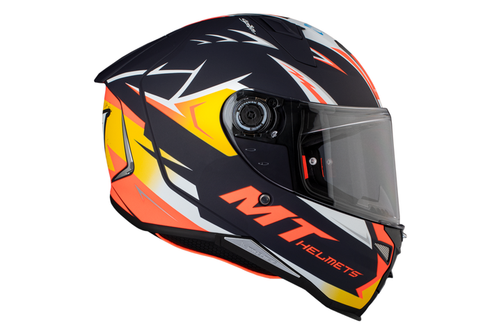 Sidovy av MT Helmets Revenge 2 Acosta A37 med visir och aerodynamisk form. Hjälmen har en sportig design med röda, gula och vita accenter.