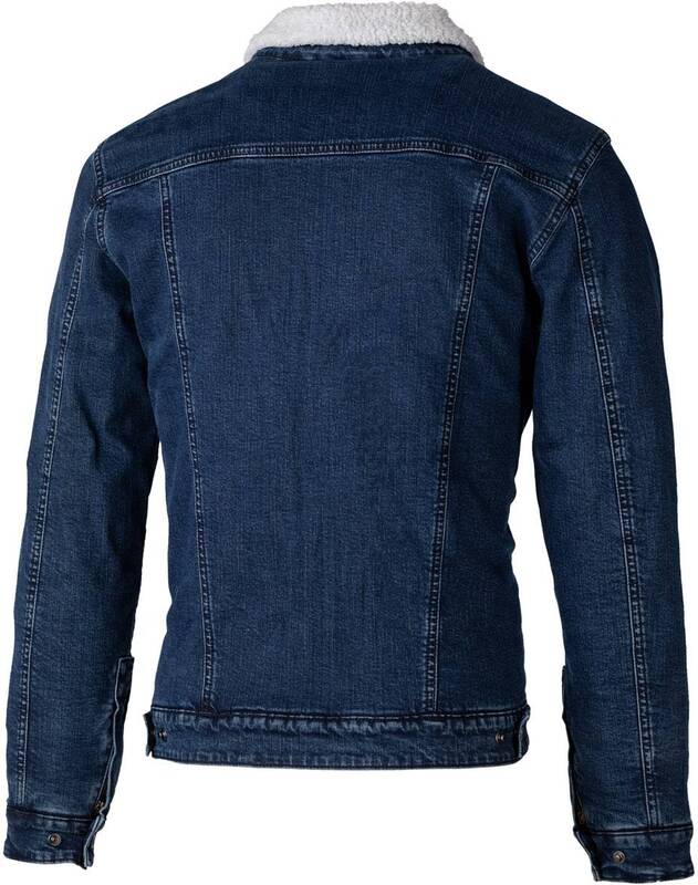 RST Aramid Mc-Skjorta Sherpa Blå med vit sherpakrage, bakifrån. Stilren motorcykeljacka i blå denim med förstärkt design för säkerhet.