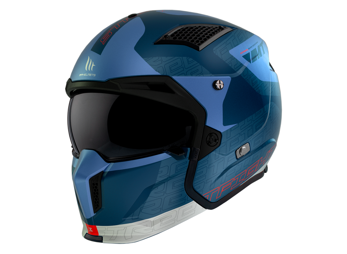 MT Helmets öppen mc-hjälm Streetfighter SV S Totem C17 i blått med modern design, integrerat visir och ventilationssystem.