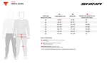 Storlekstabell för Shima Kevlar Mc-Byxor Rider Blå med mått och passformsinformation för olika storlekar.
