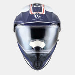 Frontal vy av MT Helmets Adventure Mc-Hjälm Synchrony Vintage Vit/Blå med robust konstruktion och modern stil.