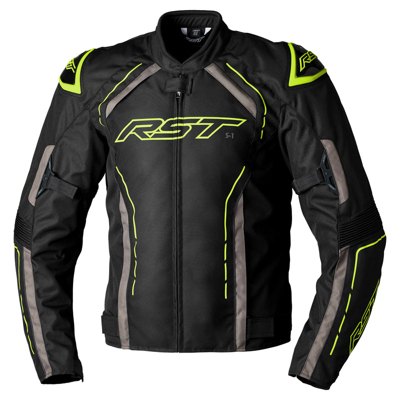 RST Textil Mc-Jacka S-1 Svart/Flu med neon-gula detaljer, framifrån. Slitstark textil för motorcykelåkning, storlekar S-3XL.