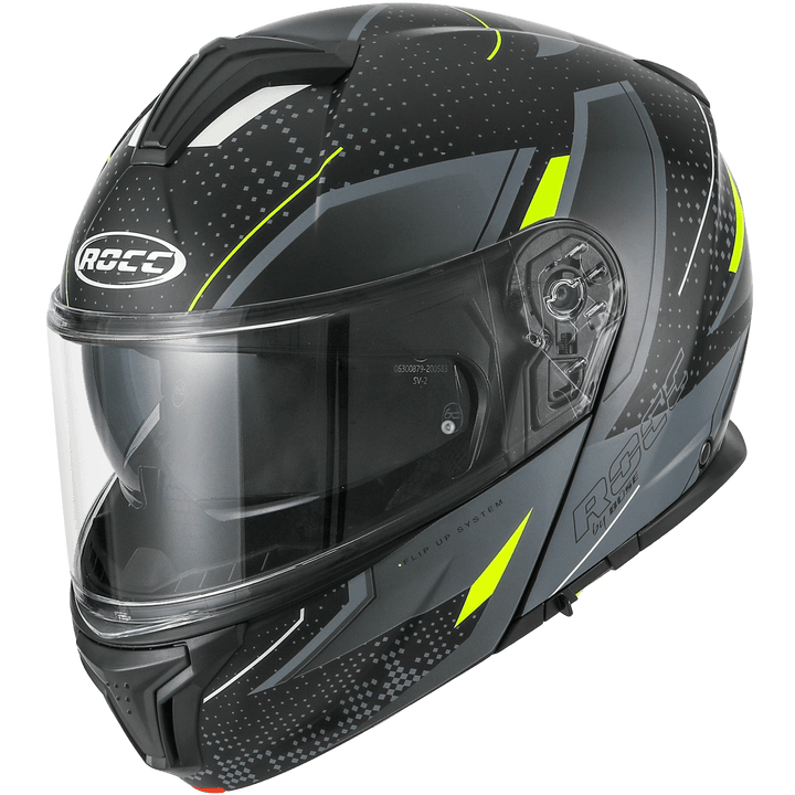 Rocc 810 öppningsbar MC-hjälm i svart med fluorgula detaljer, modern design och integrerat visir. Köp nu för säkerhet och komfort.