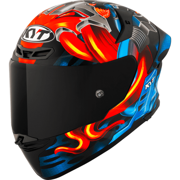 KYT Integral Mc-Hjälm TT-Revo Gear E6 i svart, röd och blå design med aerodynamisk form och mörkt visir. Perfekt för motorcyklister som söker stil och säkerhet.