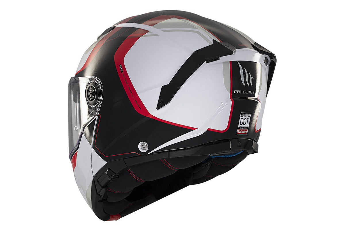 MT Helmets Atom 2 SV Emalla B0 mc-hjälm med ergonomisk passform, modern ventilation och elegant vit, svart och röd design.